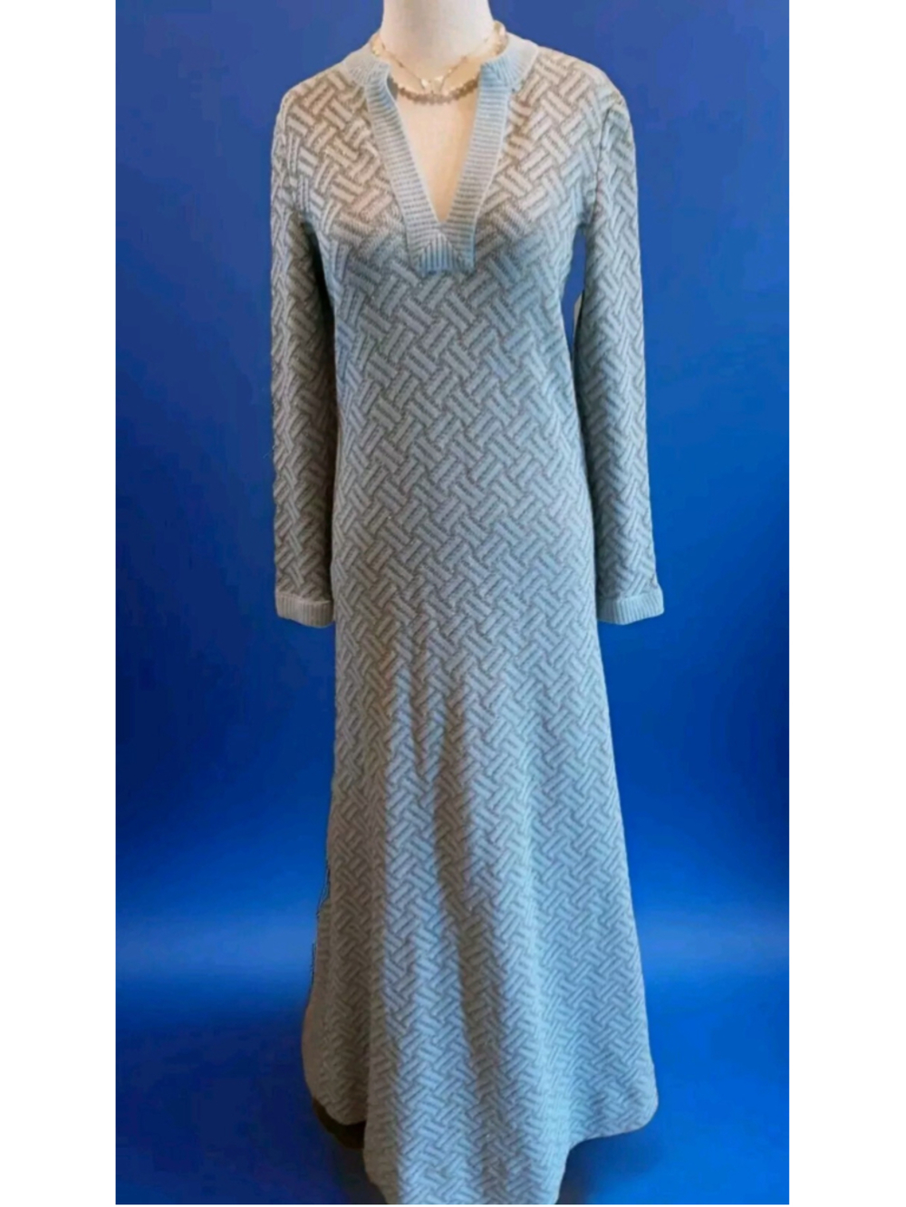 TANNEL KNITS VTG 70s Maxi Tunic Dress Light Blue & Gold Herringbone Knit Sz 12